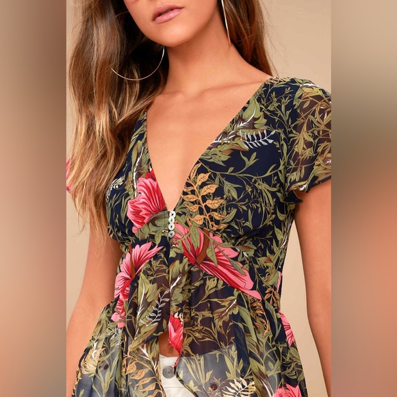 Lulus Floral High-Low Sheer Tunic / Duster Top - Picture 2 of 6